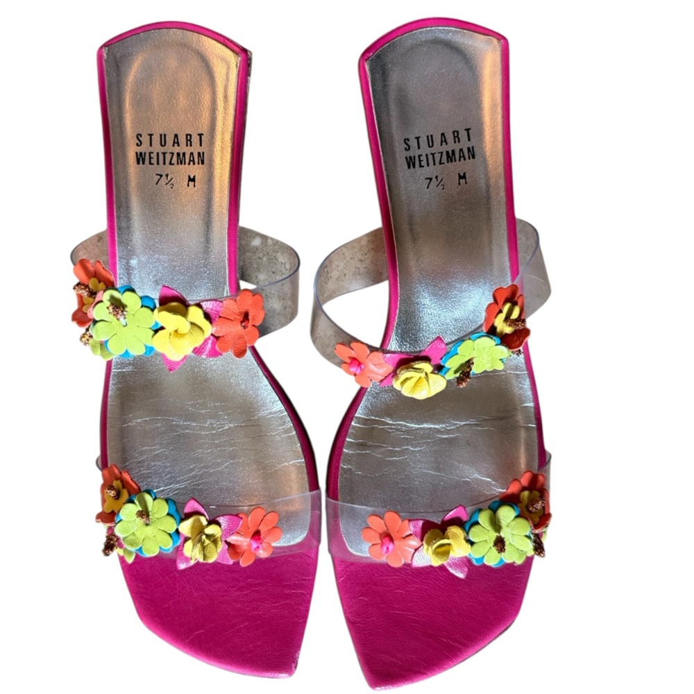 Stuart Weitzman Low Heel Tinkerbelle Pink Floral sandals in Size 7.5 - Picture 2 of 15
